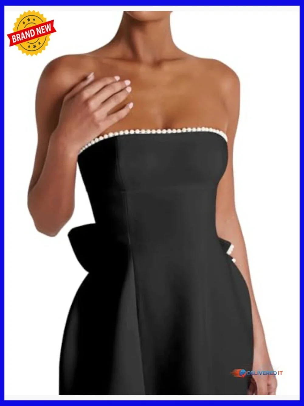 Strapless A-Line Mini Dress with Pearl Bow, Sleeveless Backless Summer Party - Picture 7 of 7